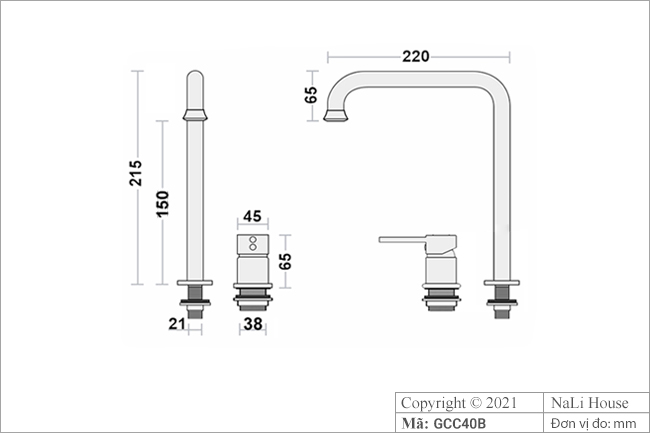Kích thước thông số lắp đặt vòi nước lavabo âm bàn GCC40B